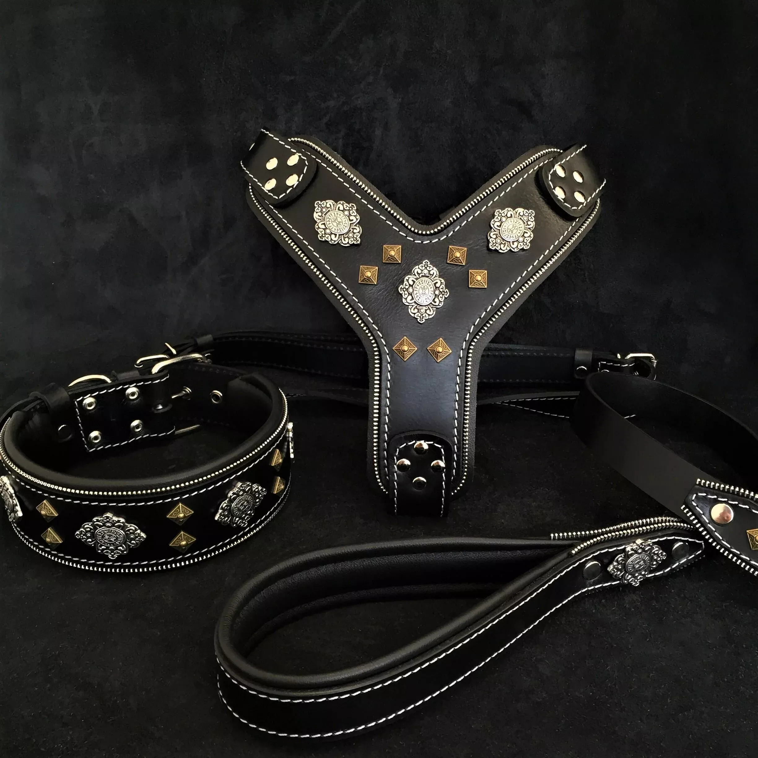 aztec-big-dog-set-harness-collar-lead-black "AZTEC" BIG dog SET - Harness - collar - lead. Black