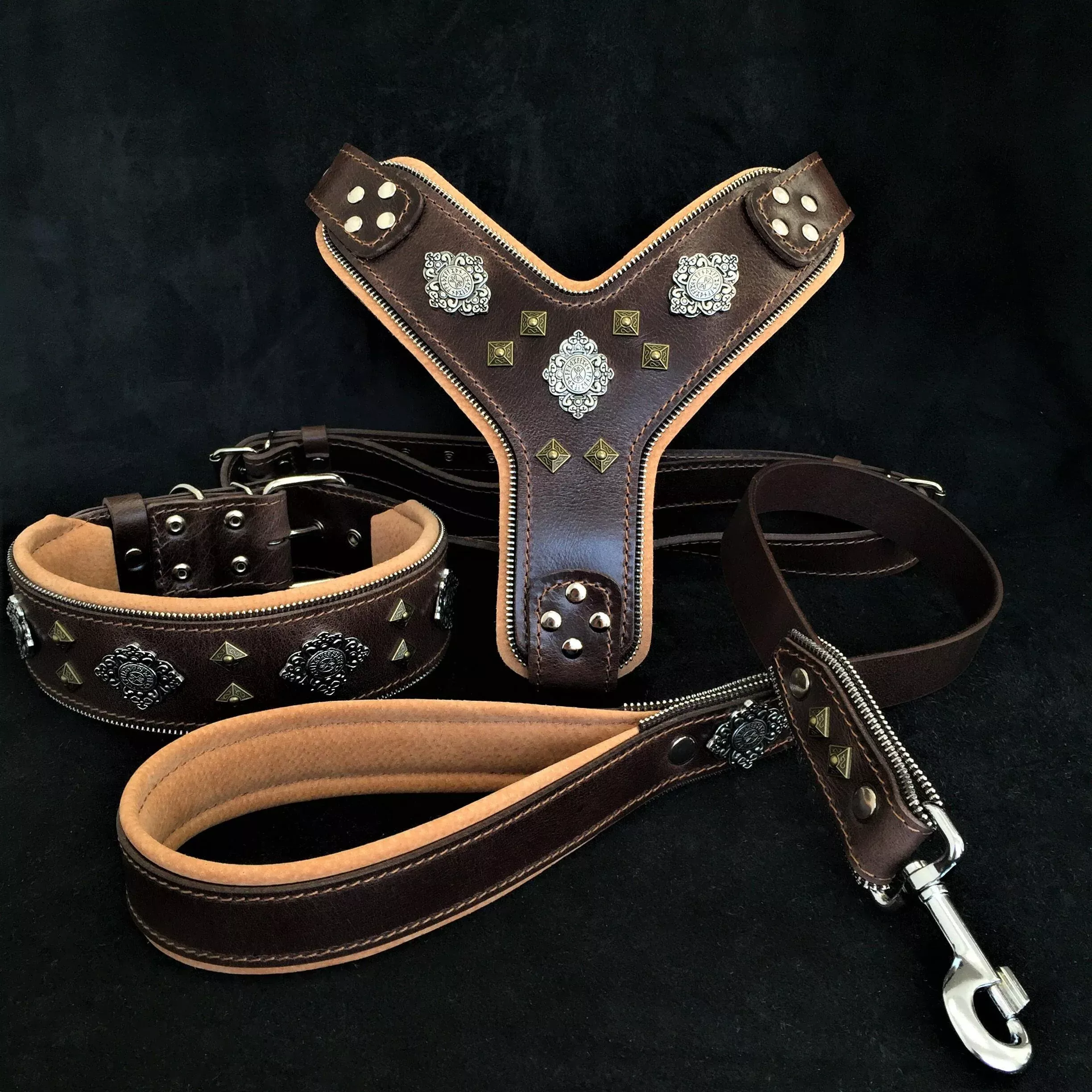 aztec-big-dog-set-harness-collar-lead-brown "AZTEC" BIG dog SET - Harness - collar - lead. Brown
