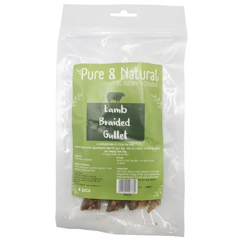 Pure & Natural Lamb Gullet Braided 4pk Hypoallergenic High-Protein Dog Chews